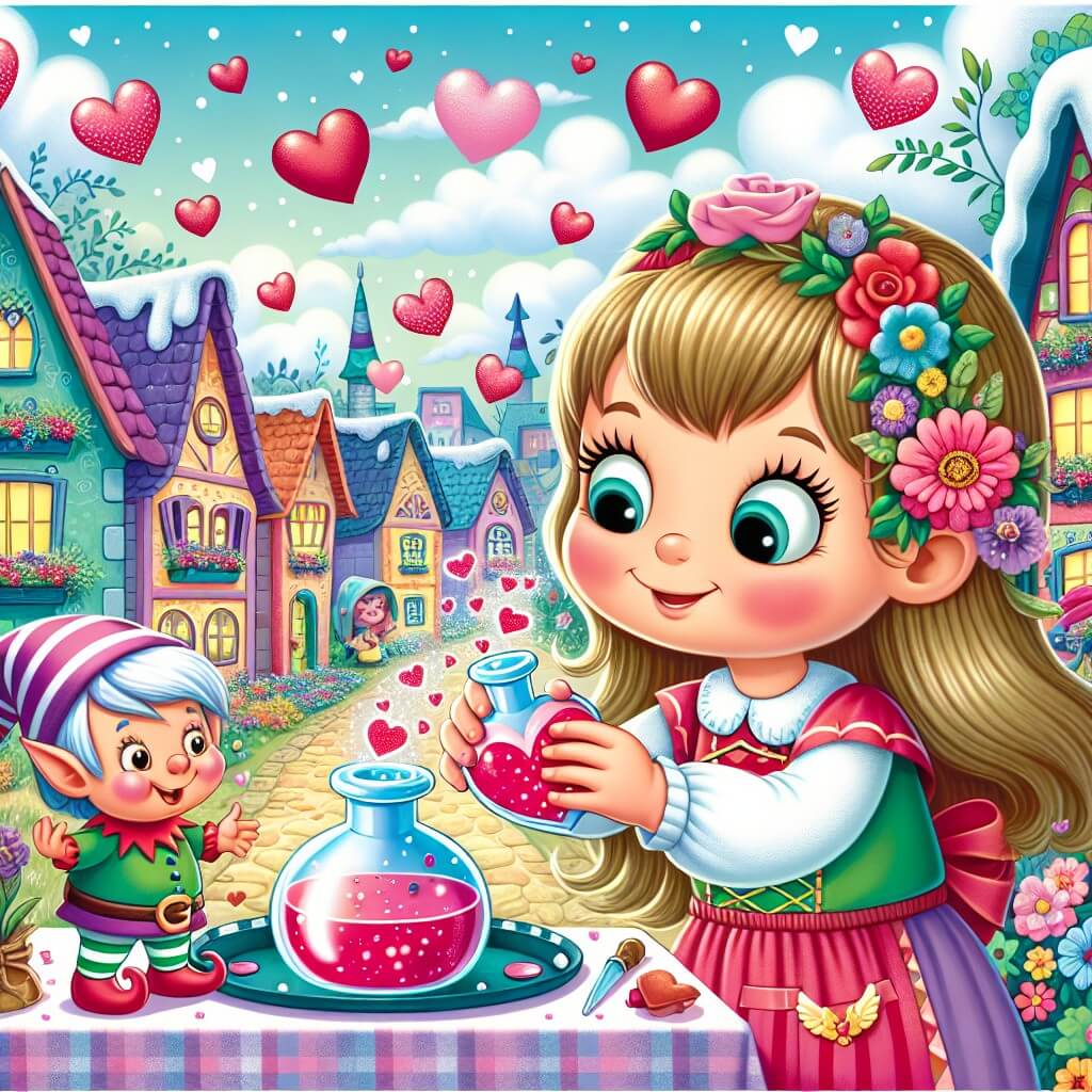 Une illustration destinée aux enfants représentant une petite fille pleine de joie et d'imagination, préparant une potion magique pour répandre l'amour le jour de la Saint-Valentin, accompagnée d'un elfe malicieux, dans la charmante ville de Sweetville, entourée de maisons colorées et de rues bordées de fleurs.
