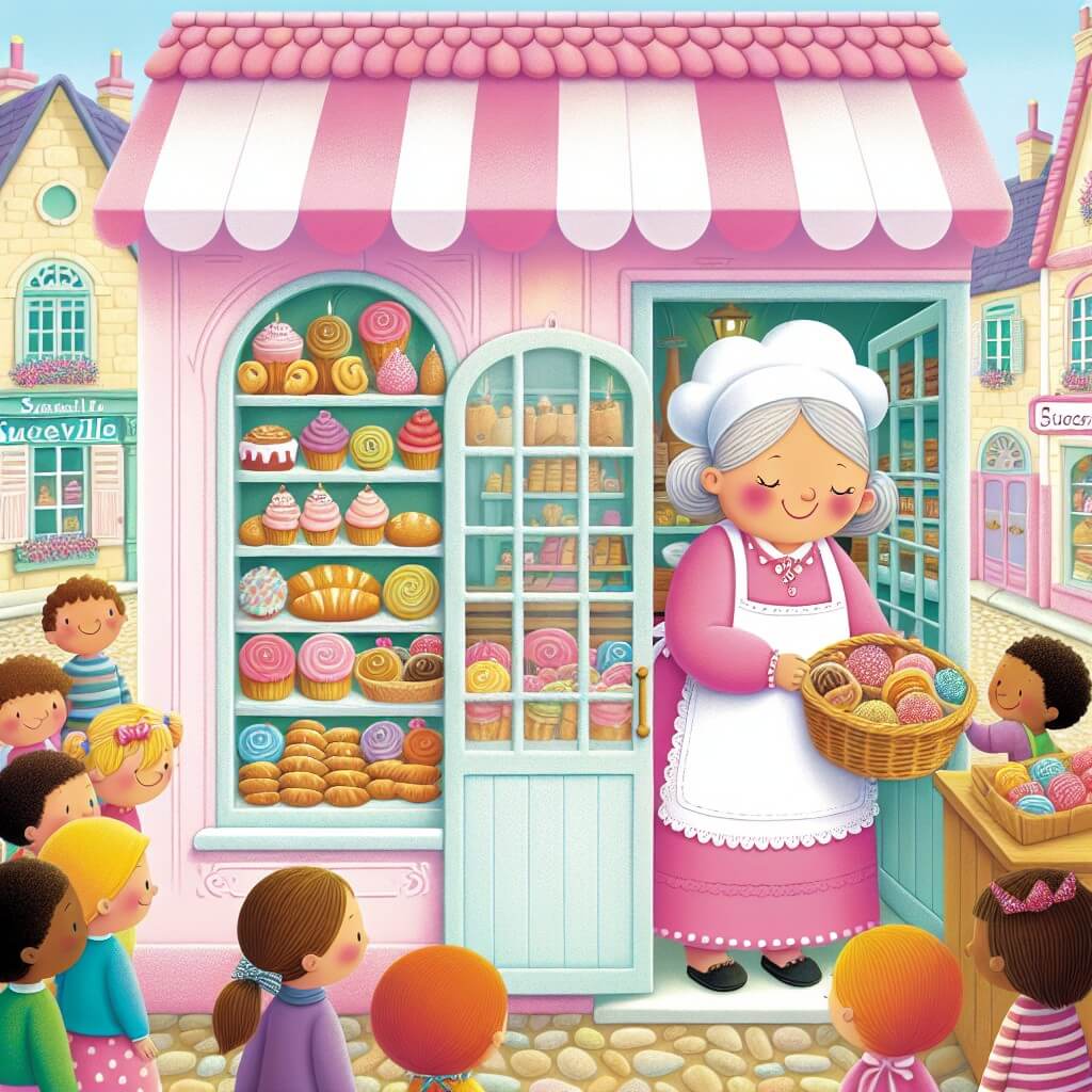 Une illustration destinée aux enfants représentant une femme joyeuse et bienveillante, entourée d'enfants curieux, dans une charmante boulangerie aux murs rose bonbon, remplie d'odeurs sucrées et d'étagères remplies de délicieux pains et biscuits colorés, située dans la petite ville douce de Sucreville.