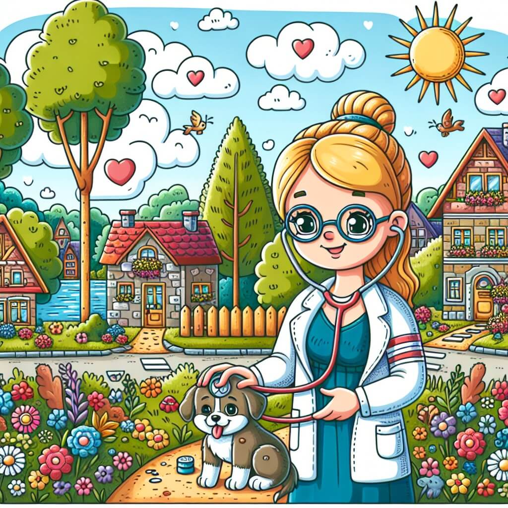 Une illustration destinée aux enfants représentant une femme vétérinaire au cœur généreux, s'occupant d'animaux blessés avec l'aide d'un adorable chiot, dans une petite ville ensoleillée avec des maisons colorées et un parc verdoyant rempli de fleurs et d'arbres majestueux.