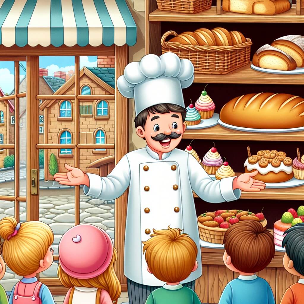 Une illustration destinée aux enfants représentant un homme au sourire chaleureux, vêtu d'une toque de chef, dans sa boulangerie accueillant un groupe d'enfants émerveillés par les délices qui se trouvent sur les étagères en bois, avec des pains dorés, des gâteaux colorés et des biscuits appétissants, le tout dans une charmante petite ville appelée Bakerstown.