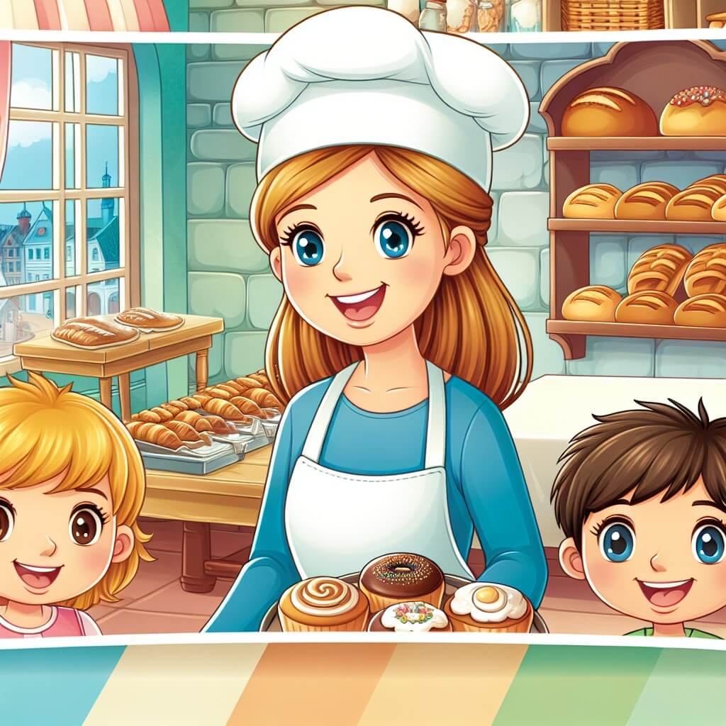 Une illustration destinée aux enfants représentant une boulangère souriante et talentueuse, entourée de deux enfants curieux, dans une boulangerie chaleureuse et colorée, située dans la petite ville de Sweetville, où l'arôme délicieux des pâtisseries fraîchement cuites emplit l'air.