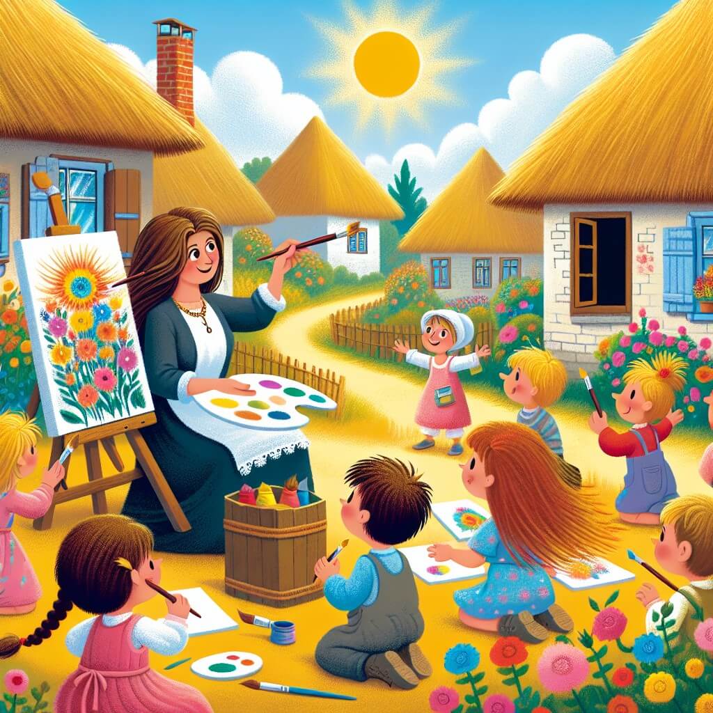 Une illustration destinée aux enfants représentant une artiste féminine passionnée, entourée d'un groupe d'enfants curieux et enthousiastes, créant des peintures colorées dans un village ensoleillé, rempli de maisons aux toits de chaume et de fleurs multicolores.