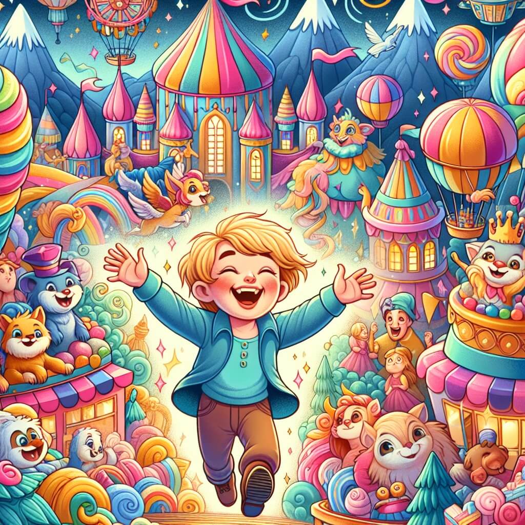 Une illustration destinée aux enfants représentant un petit garçon plein d'enthousiasme qui découvre un carnaval magique, accompagné de ses amis, dans une ville colorée où des montagnes de sucreries et des animaux enchantés remplissent l'air de joie et de rires.