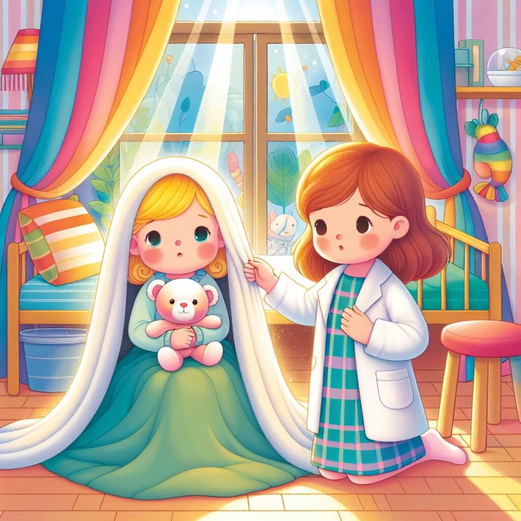 Une illustration destinée aux enfants représentant une petite fille aux joues rosées, enveloppée dans une couverture douce, accompagnée d'un compagnon en peluche, assise dans une chambre remplie de rayons de soleil filtrant à travers les rideaux colorés, alors qu'elle affronte avec courage et imagination les défis d'une maladie.