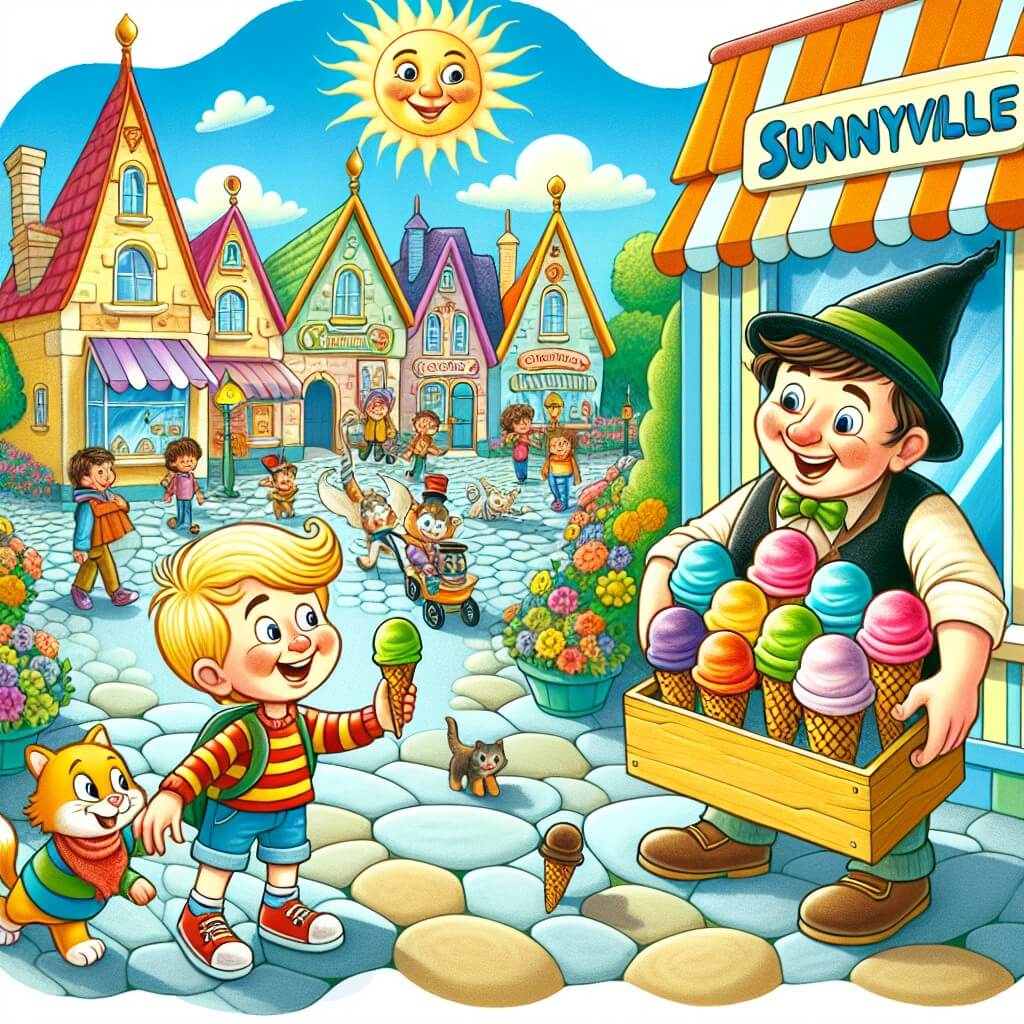 Une illustration destinée aux enfants représentant un petit garçon curieux et aventureux, accompagné d'un ami, découvrant un magasin de crème glacée magique, rempli de cônes aux couleurs vives et d'un homme joyeux portant un chapeau pointu, dans une petite ville ensoleillée appelée Sunnyville, avec des maisons colorées et une place animée où se trouve le magasin.