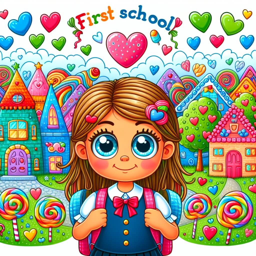 Une illustration destinée aux enfants représentant une petite fille aux yeux pétillants, qui fait face à un défi lors de son premier jour d'école dans une petite ville colorée remplie de maisons en bonbons et d'arbres aux feuilles en forme de cœurs.