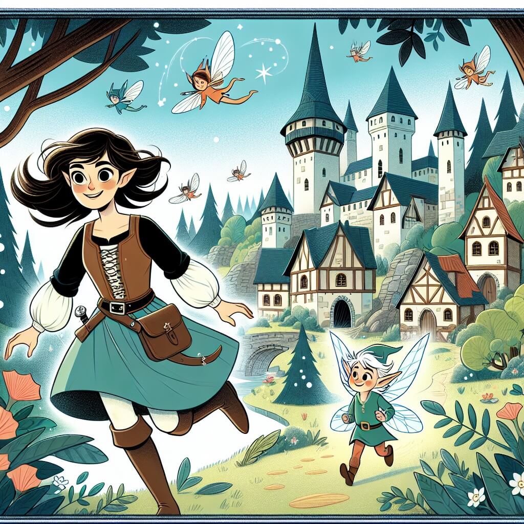 Une illustration destinée aux enfants représentant une jeune femme courageuse et curieuse, découvrant un monde médiéval enchanté, accompagnée d'un elfe espiègle, dans un village de Willowbrook entouré de forêts mystérieuses et de créatures magiques virevoltantes.