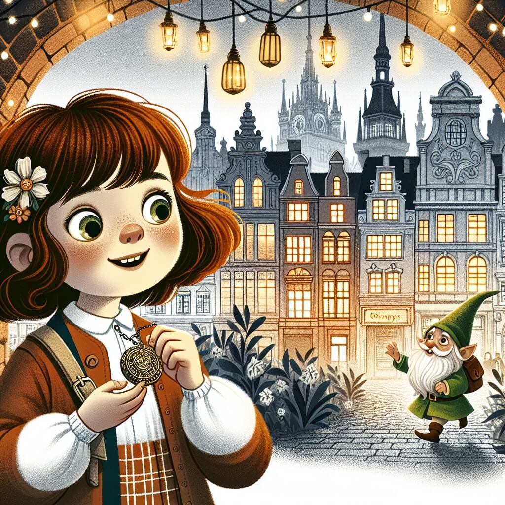 Une illustration destinée aux enfants représentant une petite fille aux cheveux auburn, les yeux brillants, qui découvre un pendentif mystérieux dans un grenier poussiéreux, accompagnée d'un gnome espiègle, dans une ville urbaine animée où les immeubles majestueux côtoient des rues pavées d'antan, avec des lanternes scintillantes suspendues dans les airs.