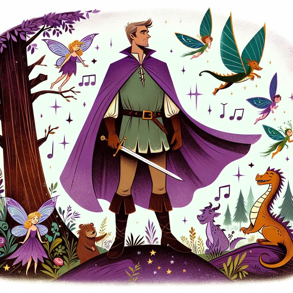 Une illustration destinée aux enfants représentant un homme intrépide, vêtu d'une cape violette, se tenant au bord d'une clairière enchantée où des créatures mythiques telles que des fées aux ailes chatoyantes, un dragon amical et des arbres chantants l'entourent, évoquant ainsi une aventure fantastique dans un monde magique.