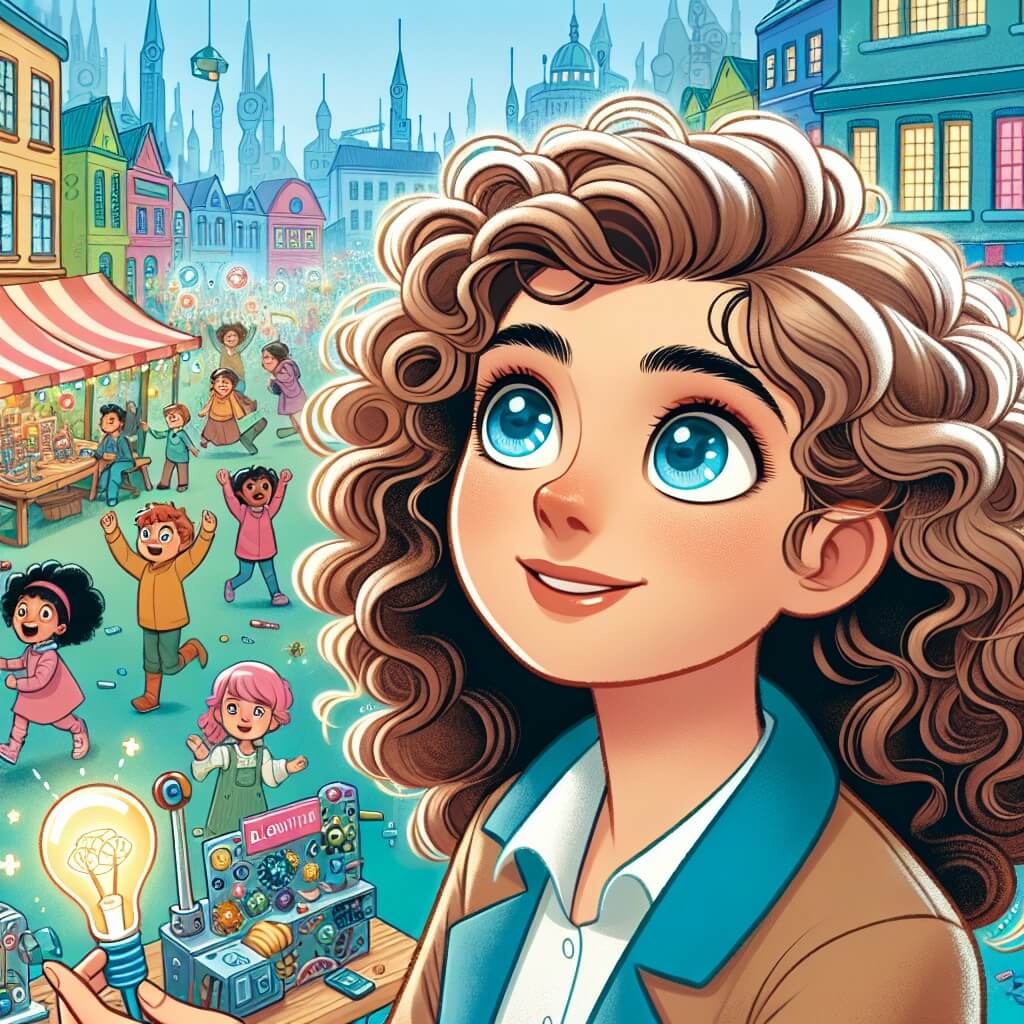 Une illustration destinée aux enfants représentant une jeune femme aux cheveux bouclés, les yeux pétillants de curiosité, inventant des merveilles dans une ville colorée appelée Bloomville, entourée d'enfants excités et d'une place animée avec des stands remplis de gadgets incroyables.