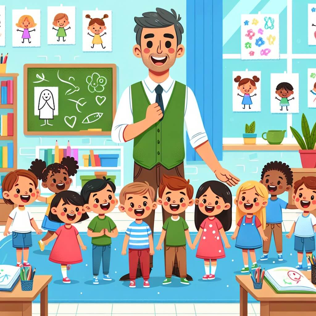 Une illustration destinée aux enfants représentant un instituteur bienveillant et enthousiaste, entouré d'enfants joyeux, dans une salle de classe colorée et remplie de livres, de dessins accrochés aux murs et de plantes vertes.