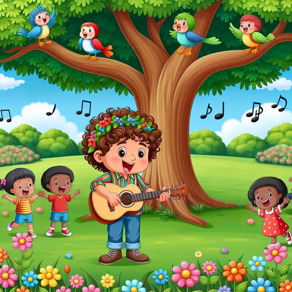 Une illustration destinée aux enfants représentant un homme aux cheveux bouclés, vêtu d'une chemise colorée, jouant de la guitare sous un majestueux chêne, entouré d'enfants joyeux et d'oiseaux chantants, dans un parc verdoyant parsemé de fleurs multicolores.