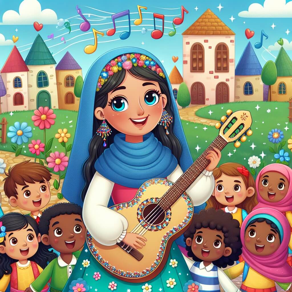 Une illustration destinée aux enfants représentant une jeune femme au sourire radieux, tenant une guitare magique, entourée d'enfants joyeux et colorés, dans un village enchanté rempli de notes de musique et de fleurs musicales.