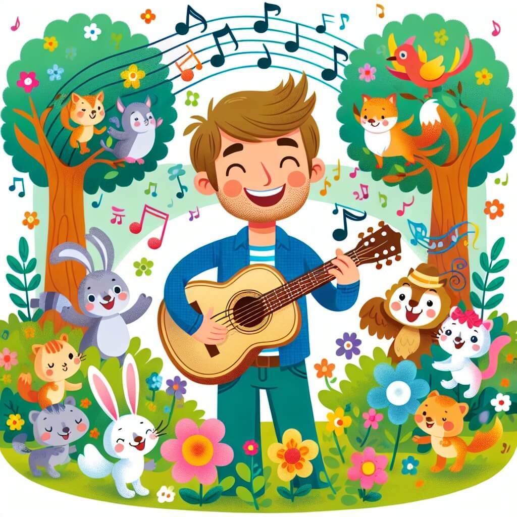 Une illustration destinée aux enfants représentant un homme au sourire radieux, tenant une guitare magique et entouré d'animaux mélomanes, dans un jardin enchanté rempli de fleurs colorées et d'arbres aux branches dansantes, où les notes de musique flottent joyeusement dans l'air.