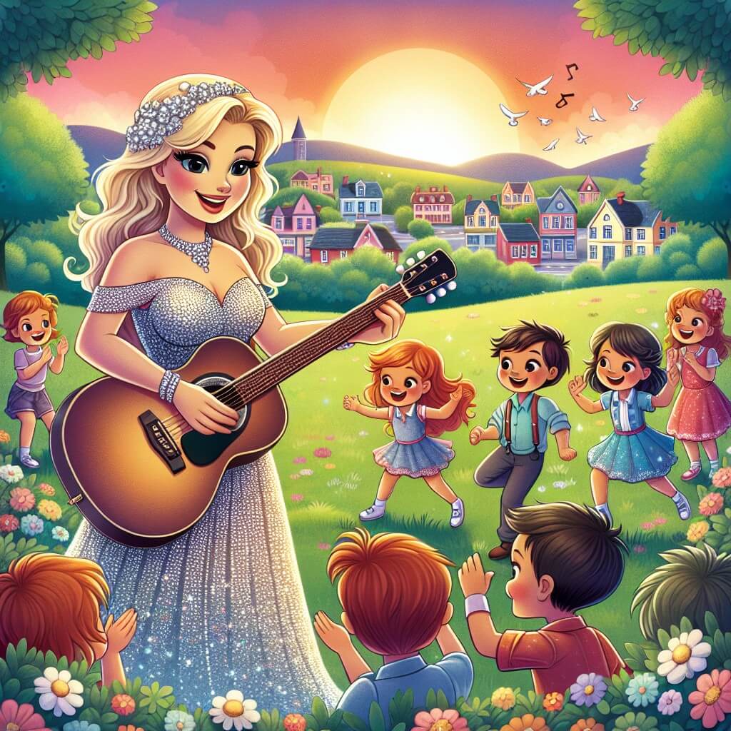 Une illustration destinée aux enfants représentant une femme musicienne, vêtue d'une robe étincelante, jouant de la guitare dans un parc verdoyant, entourée d'enfants joyeux, avec en toile de fond un magnifique coucher de soleil sur une petite ville appelée Harmonyville.