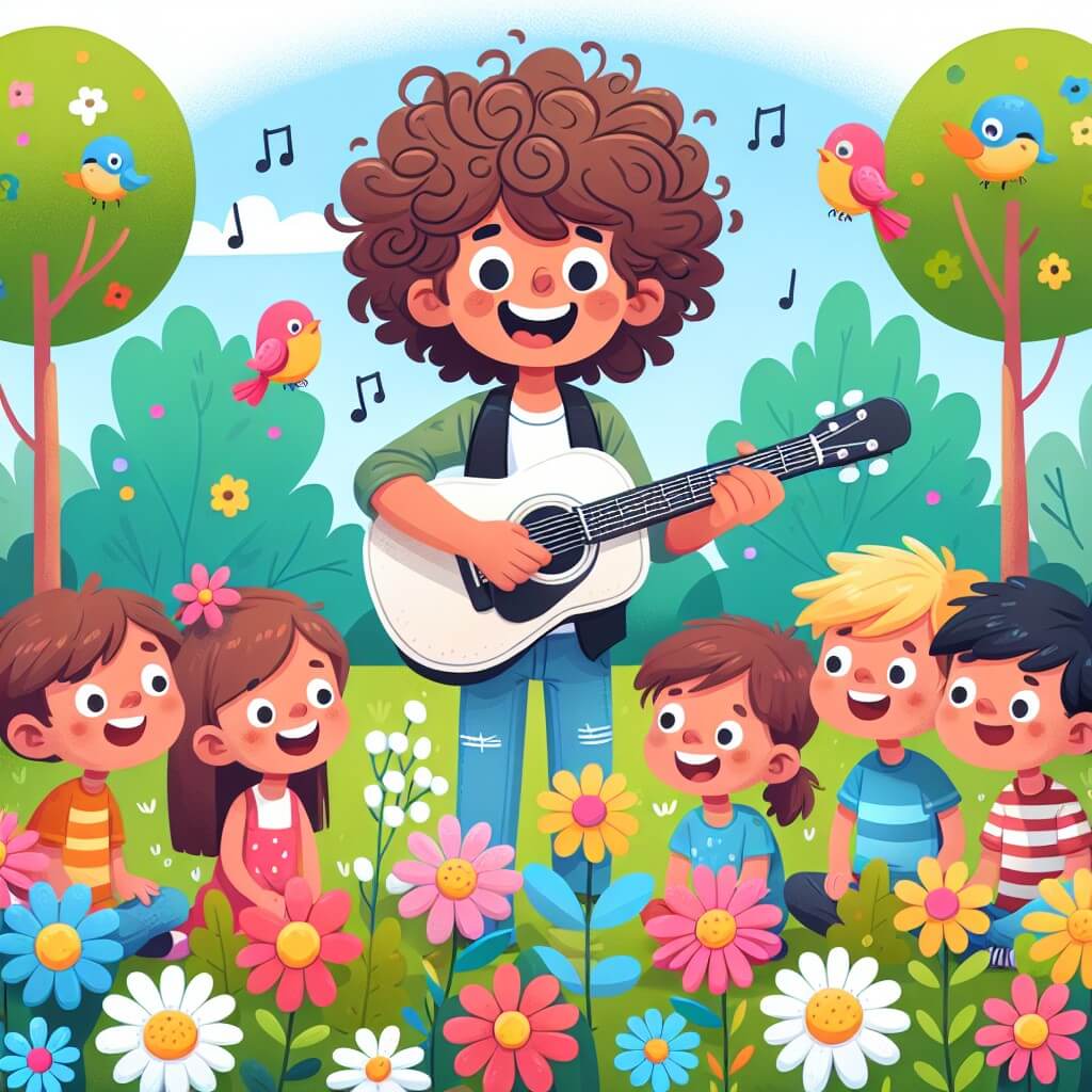 Une illustration destinée aux enfants représentant un homme aux cheveux bouclés et souriant, tenant une guitare, qui enseigne la musique à un groupe d'enfants joyeux dans un parc verdoyant, entouré de fleurs colorées et d'oiseaux chantant.