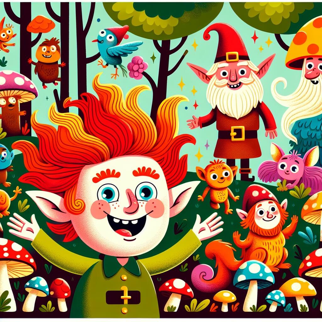 Une illustration destinée aux enfants représentant un elfe espiègle aux cheveux rouges flamboyants, se trouvant dans une forêt enchantée remplie de champignons colorés, en compagnie d'une joyeuse bande de créatures rigolotes.