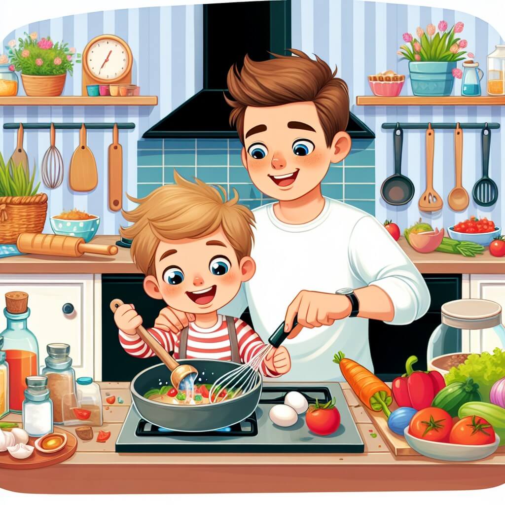 Une illustration destinée aux enfants représentant un petit garçon espiègle préparant une surprise pour la fête des mères, avec l'aide de son papa, dans une cuisine chaleureuse remplie d'ustensiles colorés et d'ingrédients délicieux.