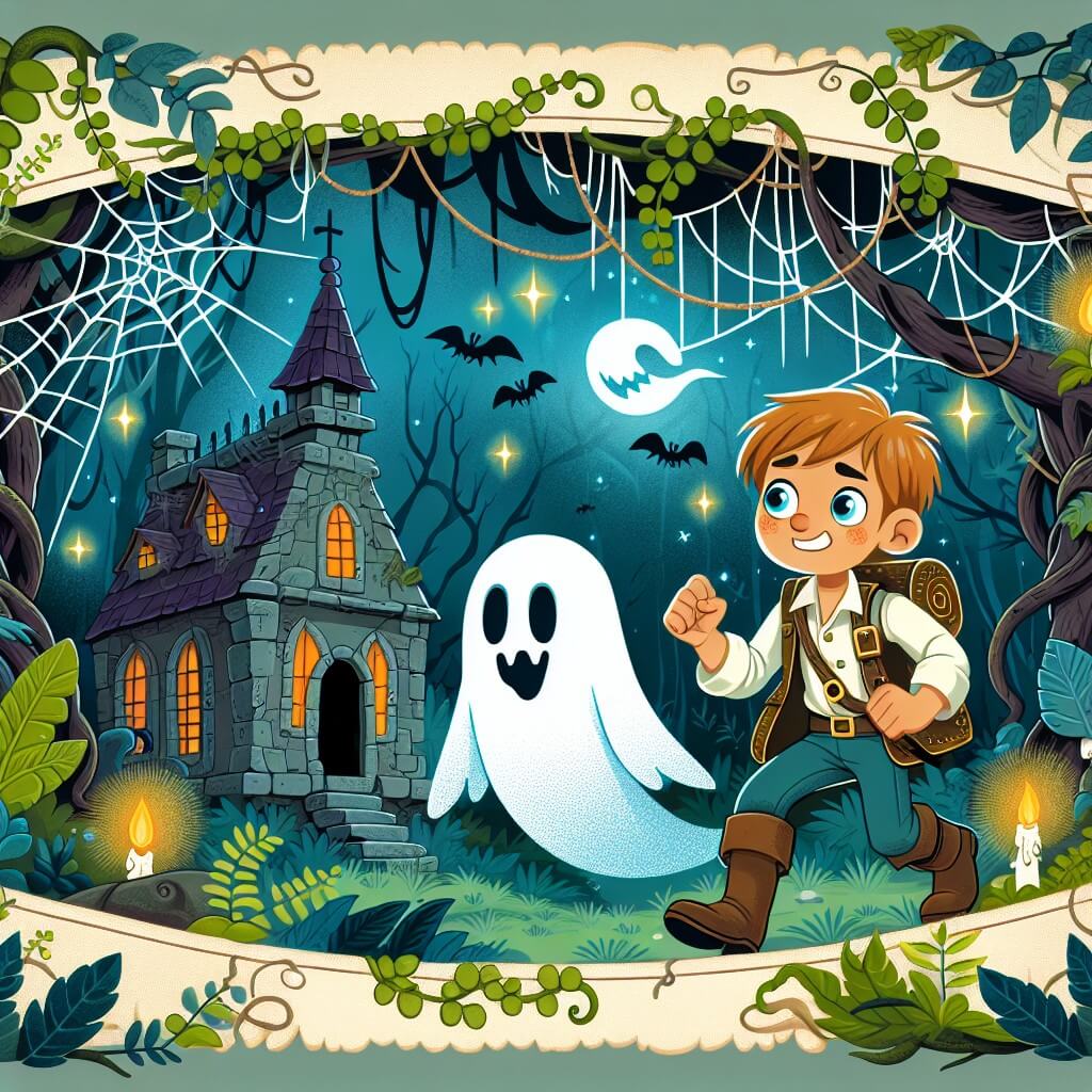 Une illustration destinée aux enfants représentant un fantôme farceur, accompagné d'un jeune explorateur, dans une ancienne maison hantée envahie par des toiles d'araignées et des plantes grimpantes, située au cœur d'une forêt enchantée aux arbres tordus et aux lucioles étincelantes.