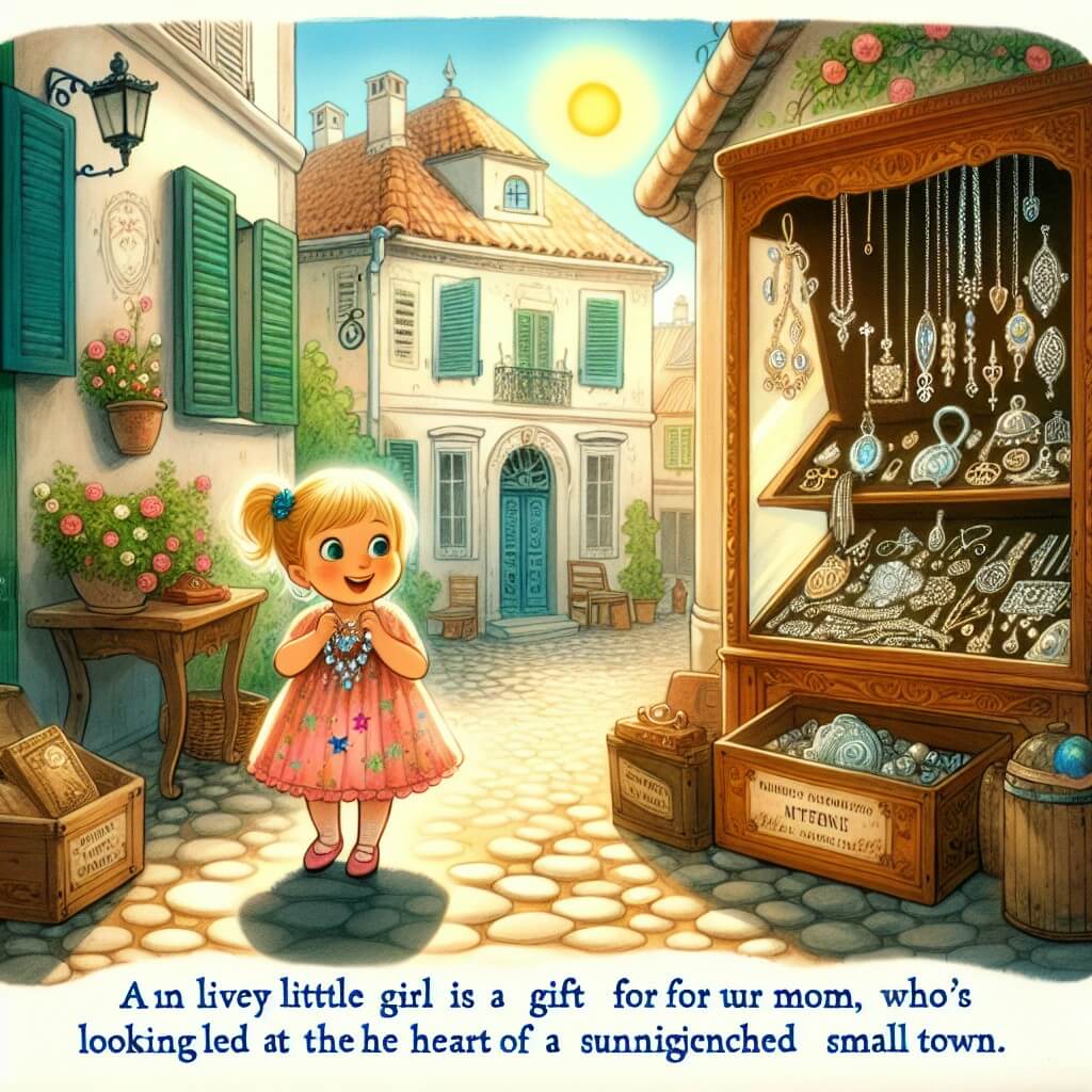 Une illustration destinée aux enfants représentant une petite fille pleine de vie, à la recherche d'un cadeau pour sa maman, accompagnée d'un mystérieux collier scintillant, dans une boutique antique remplie d'objets énigmatiques, située au cœur d'une petite ville ensoleillée.