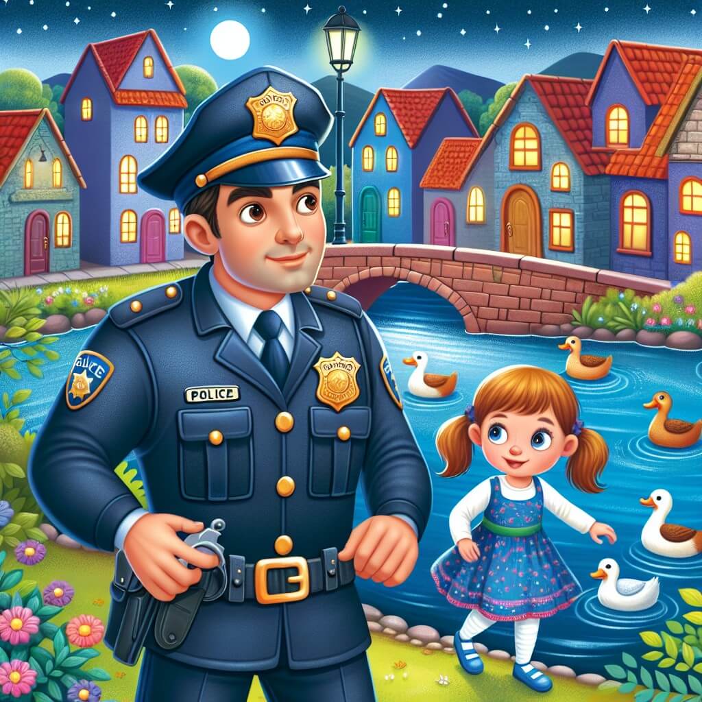 Une illustration destinée aux enfants représentant un courageux policier, vêtu d'un uniforme bleu foncé et portant un badge brillant, résolvant un mystérieux vol avec l'aide d'une jeune fille curieuse nommée Emily, dans la paisible ville de Meadowville, entourée de maisons colorées aux toits en tuiles rouges et bordée d'une rivière scintillante où les canards nageaient joyeusement.