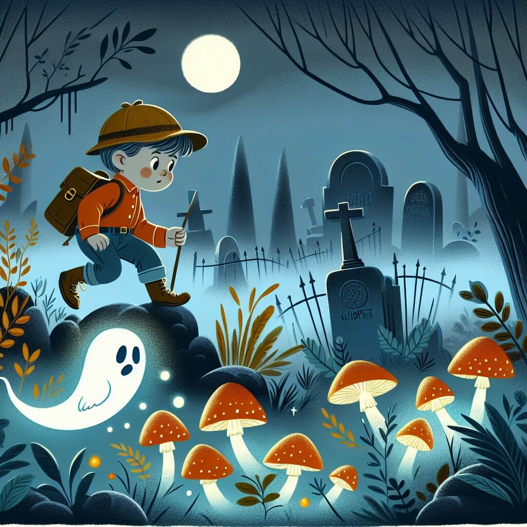 Une illustration destinée aux enfants représentant un petit garçon courageux, explorant un cimetière hanté avec l'aide d'un fantôme amical, dans les profondeurs des marais embrumés, où des champignons lumineux éclairent son chemin.