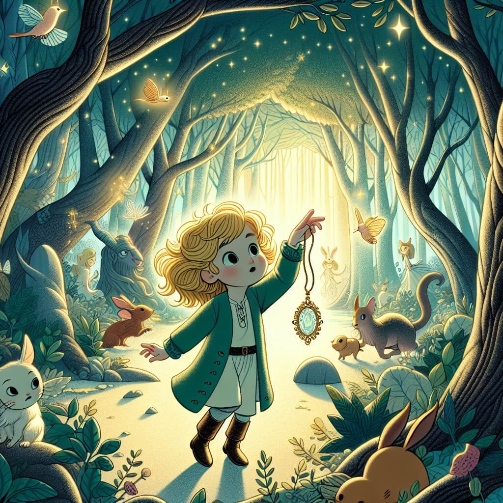 Une illustration destinée aux enfants représentant une petite fille aux boucles dorées, tenant fermement un pendentif mystérieux, se retrouvant plongée dans un monde enchanté peuplé de créatures magiques, au cœur d'une forêt dense et chatoyante où les arbres semblent murmurer des secrets.