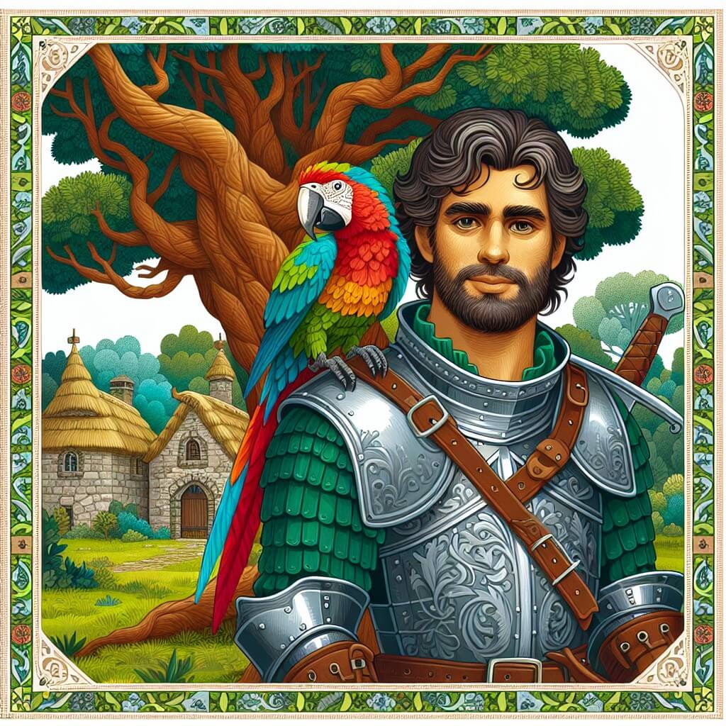 Une illustration destinée aux enfants représentant un homme courageux, vêtu d'une armure brillante, se tenant devant un majestueux chêne centenaire, accompagné d'un perroquet multicolore, dans un village pittoresque bordé de maisons en pierre, au cœur d'une forêt enchantée.
