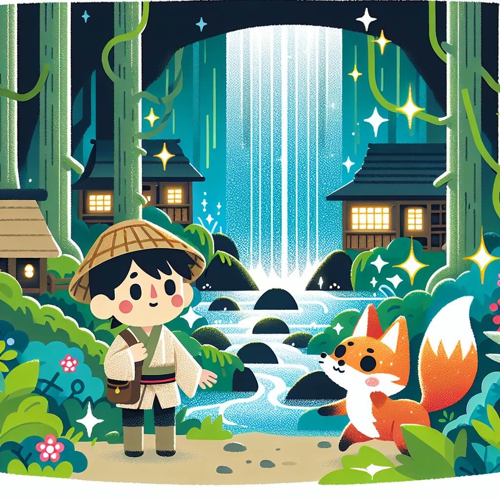 Une illustration destinée aux enfants représentant un homme aventurier, perdu dans une forêt mystérieuse du Japon, rencontrant une créature malicieuse avec des oreilles et une queue de renard, dans un village caché derrière une cascade étincelante.