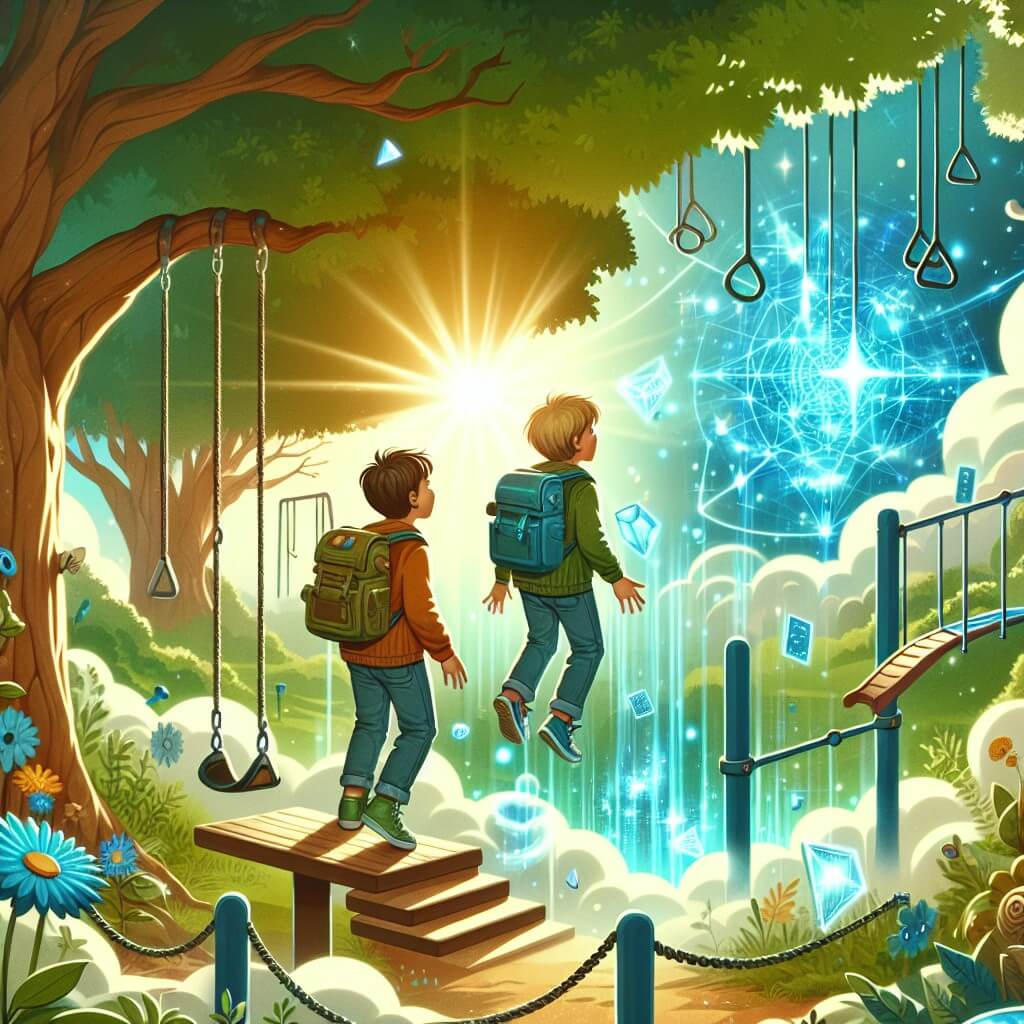 Une illustration destinée aux enfants représentant un petit garçon curieux et aventurier, accompagné de son amie, découvrant un terrain de jeu transformé en un monde fantastique rempli de technologie scintillante, avec des balançoires lévitant, des toboggans devenus des portails dimensionnels et des barres de singe faites de lumière, le tout dans un décor verdoyant avec des arbres majestueux et des rayons de soleil filtrant à travers les feuilles.