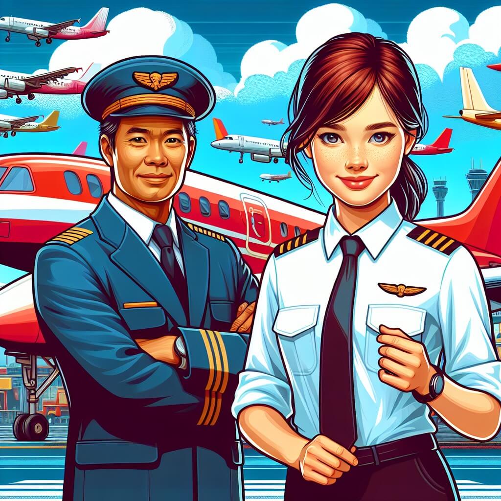 Une illustration destinée aux enfants représentant une jeune femme pilote d'avion, debout devant son avion rouge vif, souriant avec confiance, accompagnée d'un pilote expérimenté, dans un aéroport animé avec des avions multicolores prêts à décoller, sous un ciel bleu éclatant.