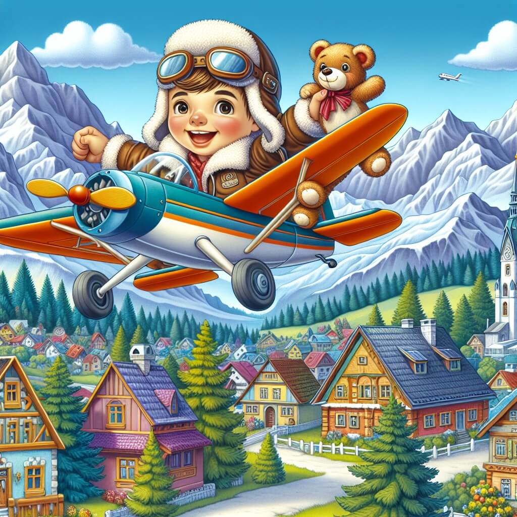 Une illustration destinée aux enfants représentant un jeune pilote d'avion, plein d'enthousiasme, accompagné de son fidèle copilote en peluche, survolant les montagnes enneigées d'un petit village pittoresque, avec des maisons colorées et des sapins majestueux.
