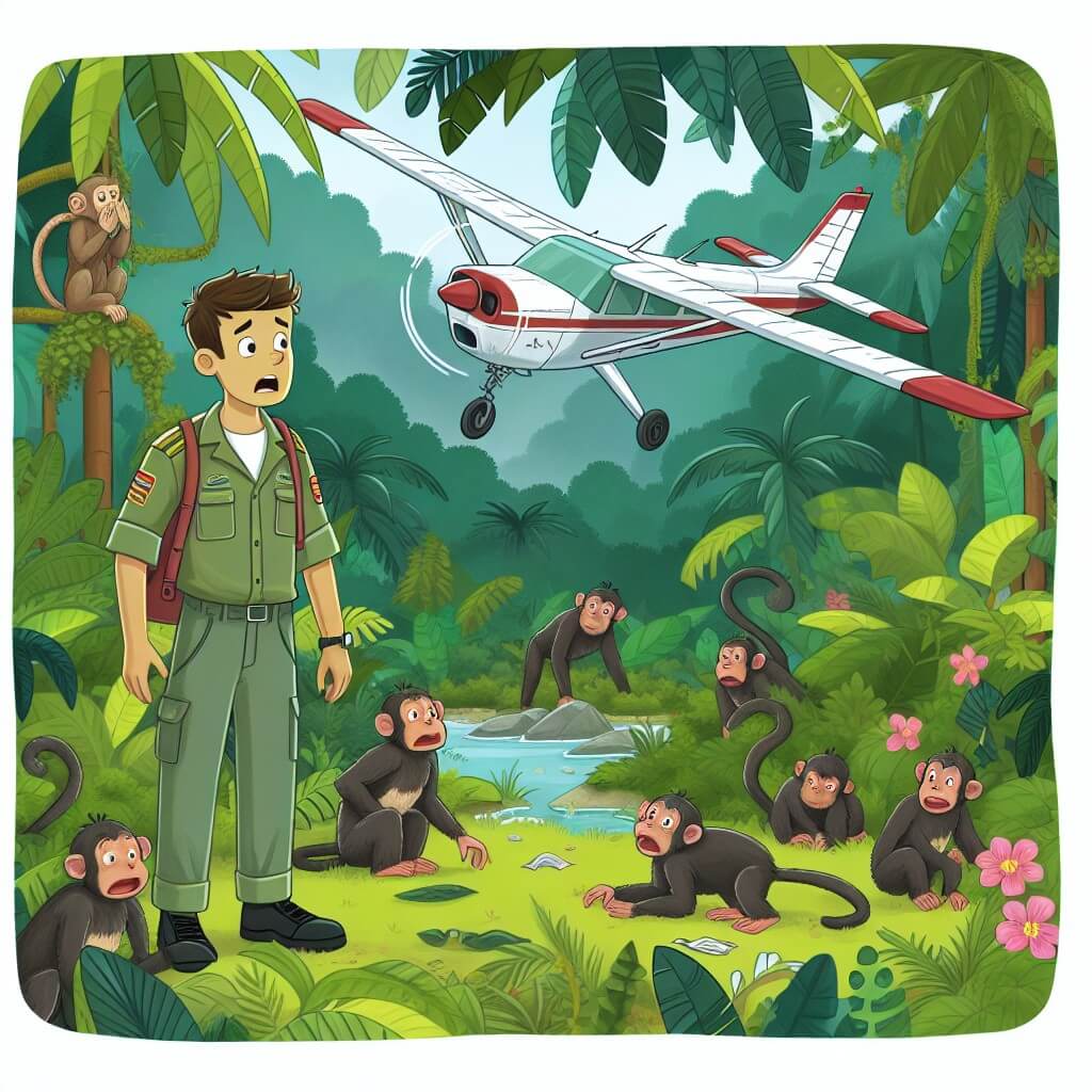 Une illustration destinée aux enfants représentant un jeune homme passionné par les avions, qui se retrouve dans une jungle dense et luxuriante après un atterrissage forcé, où il fait la rencontre de singes curieux et colorés.