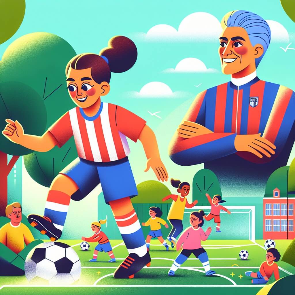Une illustration destinée aux enfants représentant une jeune femme passionnée de football, qui s'entraîne avec détermination et rêve de devenir une joueuse professionnelle, accompagnée de son idole, une célèbre capitaine d'équipe nationale féminine, dans un parc ensoleillé avec des arbres verts, un terrain de football coloré et des enfants joyeusement jouant autour d'eux.