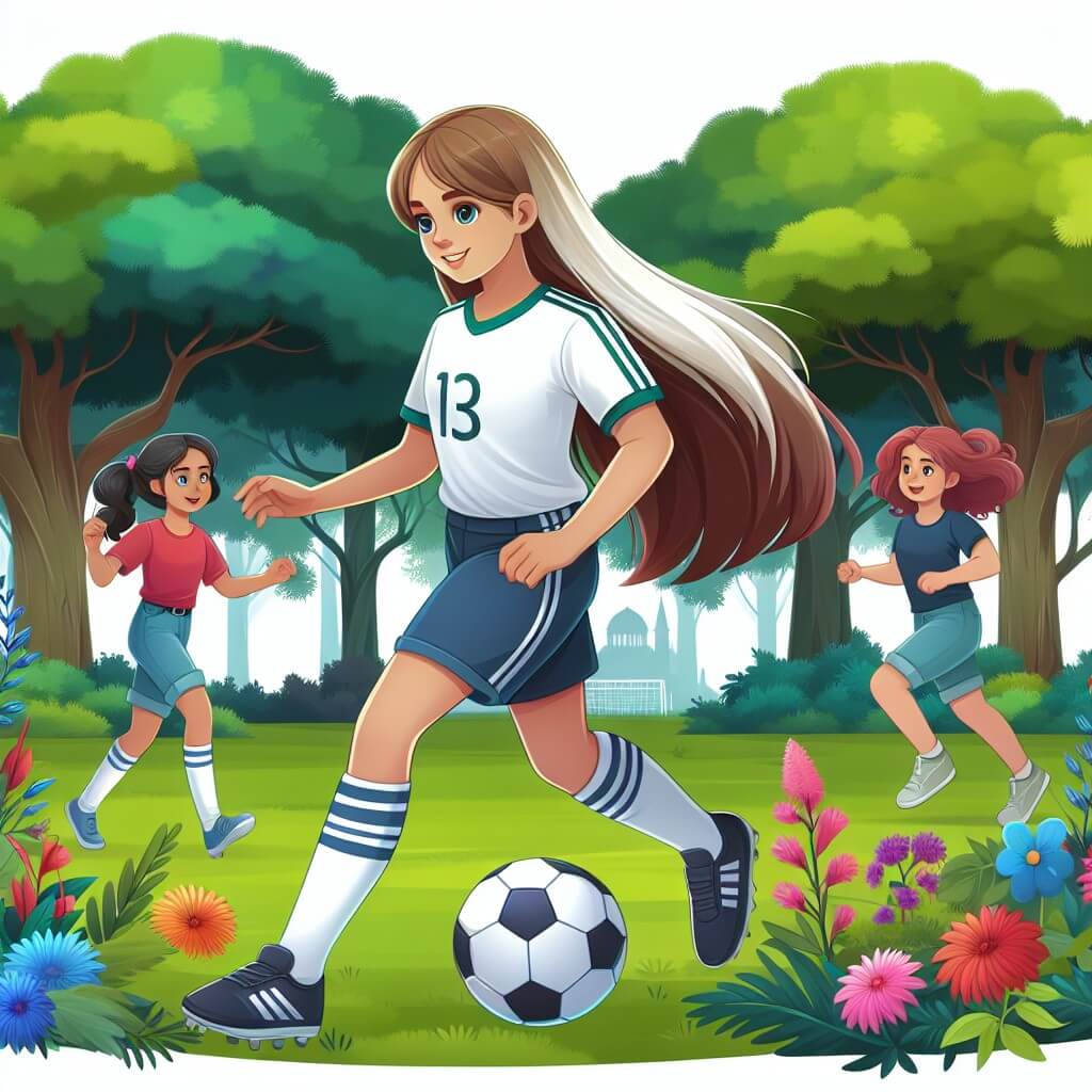 Une illustration destinée aux enfants représentant une jeune femme passionnée de football, jouant avec ses amis dans un parc verdoyant entouré d'arbres majestueux et de fleurs colorées.