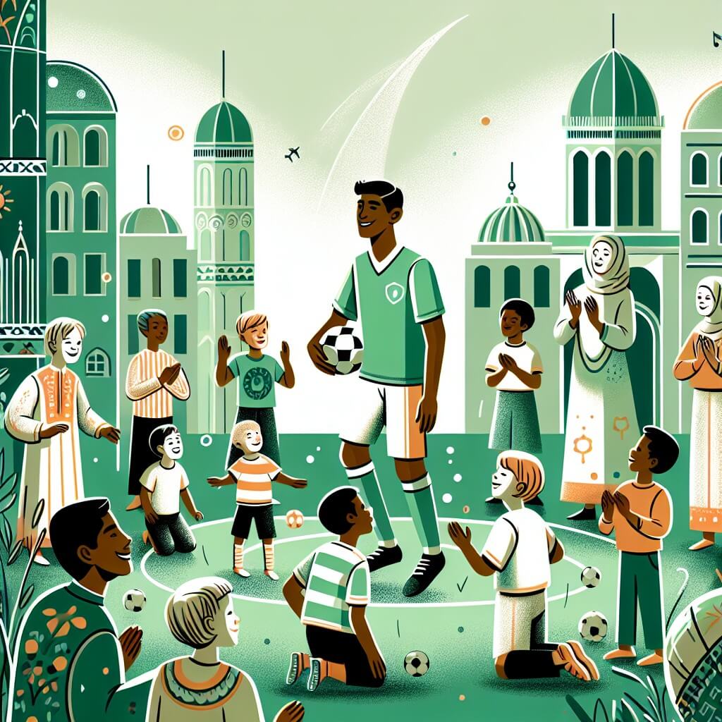 Une illustration destinée aux enfants représentant un joueur de football passionné, entouré de jeunes admirateurs, s'entraînant avec eux sur un terrain verdoyant au cœur de la ville ensoleillée de Sunshineville.