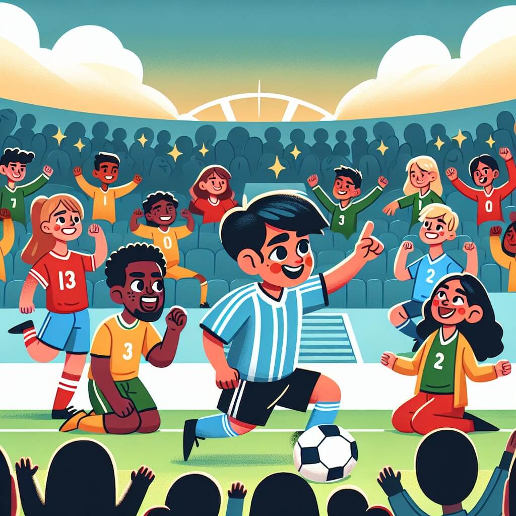 Une illustration destinée aux enfants représentant un jeune homme passionné de football, qui se retrouve dans une équipe de rêve, avec des coéquipiers talentueux et un entraîneur inspirant, évoluant dans un stade animé rempli de supporters enthousiastes.