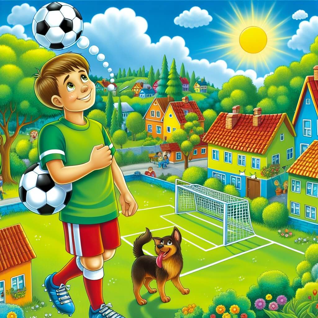 Une illustration destinée aux enfants représentant un jeune homme passionné de football qui rêve de devenir un joueur professionnel, accompagné de son fidèle chien, dans un petit village ensoleillé avec un terrain de football verdoyant entouré de maisons colorées et d'arbres majestueux.