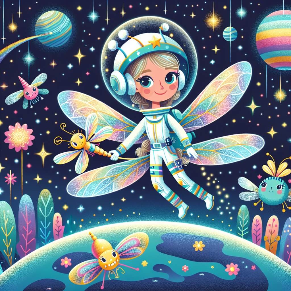 Une illustration destinée aux enfants représentant une jeune femme aventurière, vêtue d'une combinaison spatiale étincelante, naviguant à bord d'un vaisseau en forme de libellule à travers un ciel étoilé parsemé de planètes colorées, aux côtés d'adorables créatures ailées aux ailes chatoyantes, sur une planète enchantée aux arbres lumineux et aux fleurs brillantes.