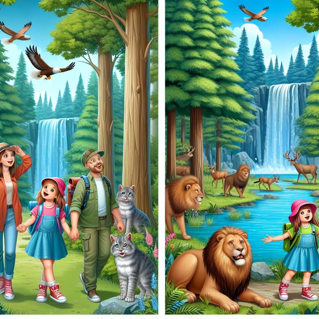 Une illustration destinée aux enfants représentant une petite fille curieuse et aventureuse, accompagnée de sa famille, découvrant les merveilles de la nature lors de leurs vacances d'été dans une forêt enchantée remplie de grands arbres majestueux, de cascades cristallines et d'animaux sauvages.