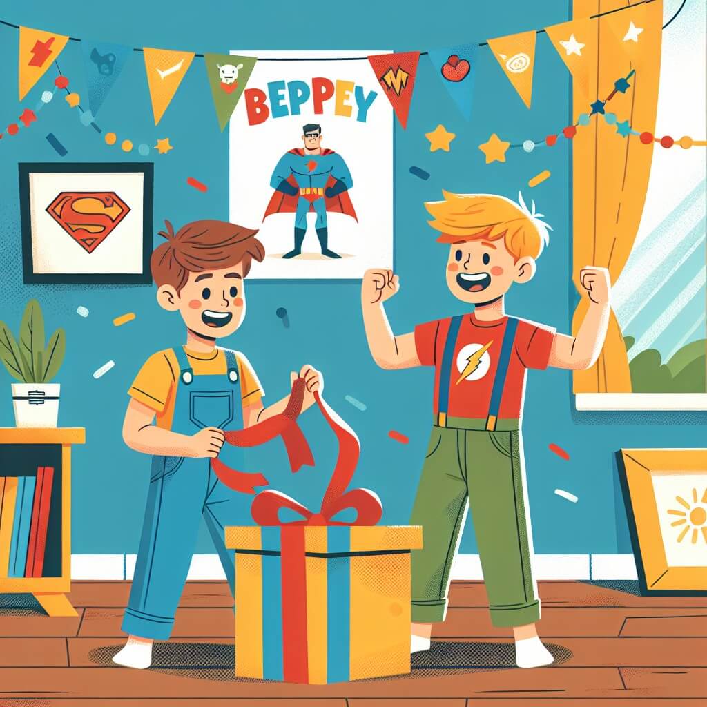 Une illustration destinée aux enfants représentant un petit garçon plein d'énergie et d'amour, préparant secrètement une surprise pour son papa, avec l'aide de son meilleur ami, dans une maison lumineuse aux murs recouverts de posters de super-héros et de guirlandes colorées.