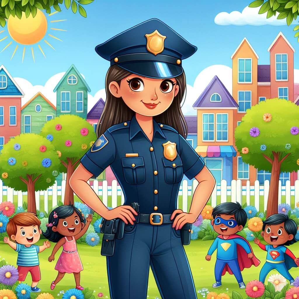 Une illustration destinée aux enfants représentant un courageux policier, vêtu d'un uniforme bleu et d'un chapeau brillant, se tenant fièrement devant une petite ville ensoleillée, entouré d'enfants joyeux habillés en super-héros, près d'un parc verdoyant rempli de fleurs colorées et d'arbres majestueux.