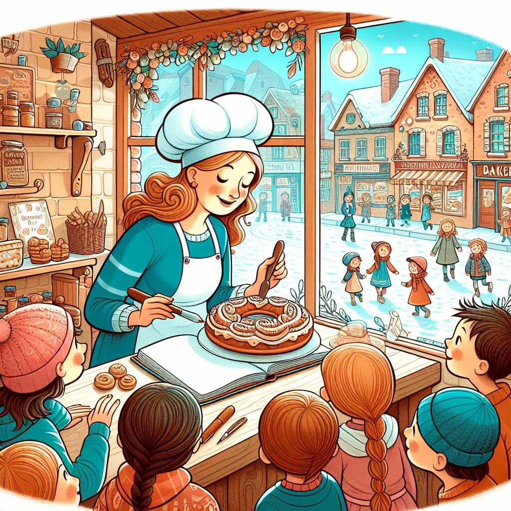 Une illustration destinée aux enfants représentant une femme boulangère talentueuse et bienveillante, entourée d'enfants curieux, dans une boulangerie pittoresque de la charmante petite ville de Bakersville, où flotte l'arôme envoûtant de ses délices sucrés.