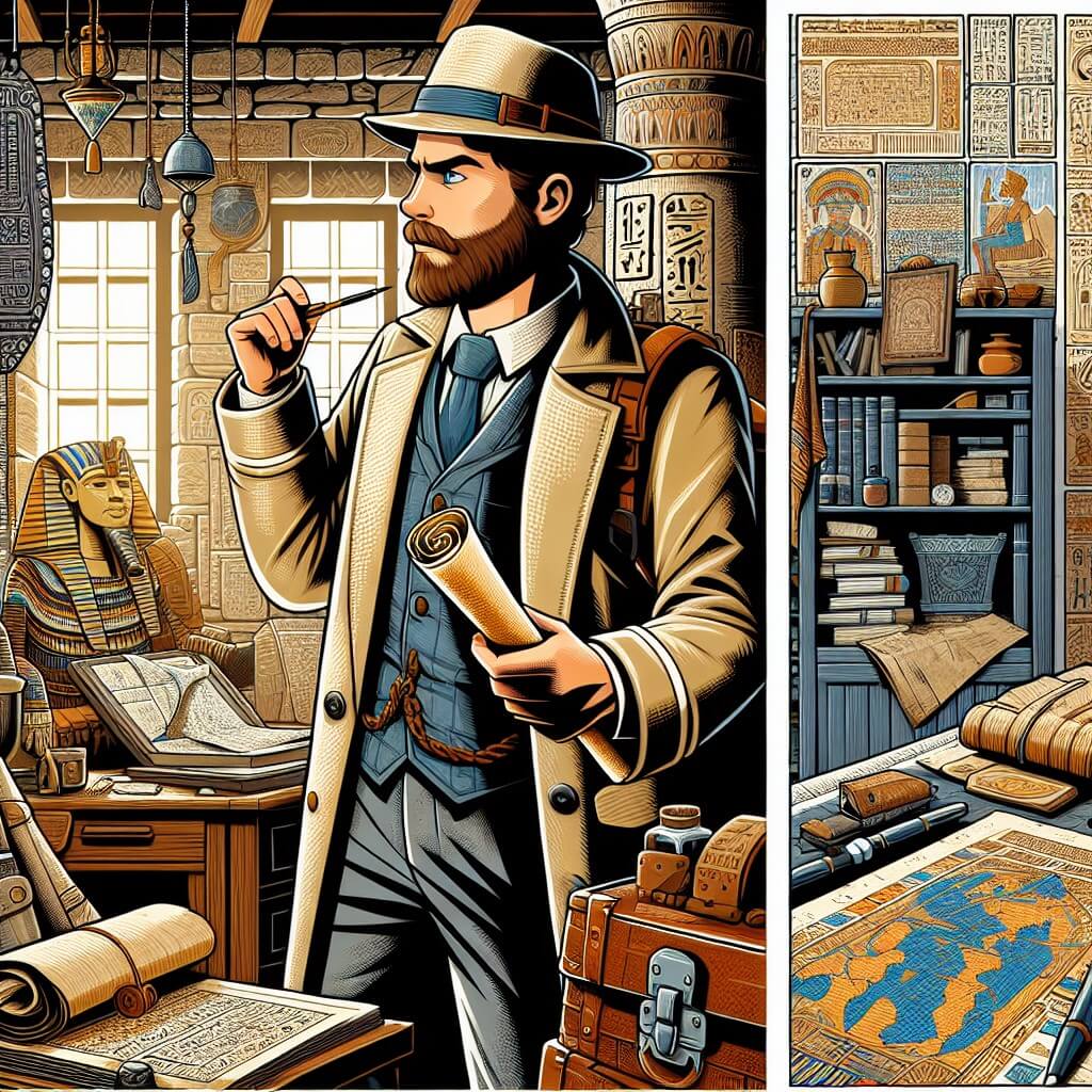 Une illustration destinée aux enfants représentant un homme intrépide et curieux, vêtu d'une tenue d'explorateur, découvrant un mystérieux parchemin dans un temple égyptien, tandis qu'une vieille carte aux symboles anciens l'attend sur son bureau, entouré de piles de livres et d'artefacts, dans son confortable bureau rempli d'étagères remplies de reliques et de souvenirs de ses précédentes aventures, dans la petite ville de Willowville.