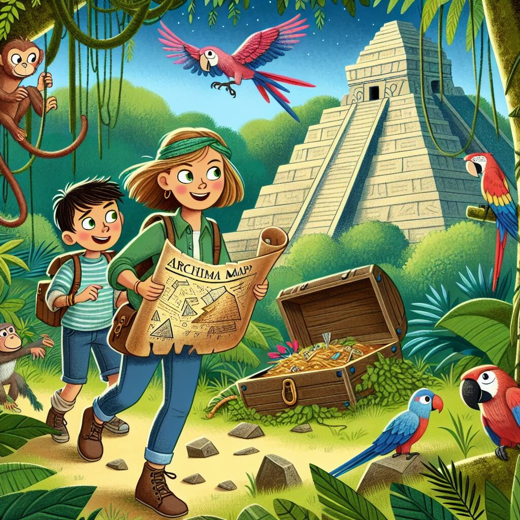 Une illustration destinée aux enfants représentant une jeune femme intrépide et passionnée par l'archéologie, qui découvre une ancienne carte au trésor dans une vieille boîte en bois, accompagnée de son jeune frère, alors qu'ils explorent ensemble la luxuriante Jungle of Enigma, où des singes facétieux et des perroquets colorés les guident vers une pyramide ancienne envahie par des lianes et de la mousse.
