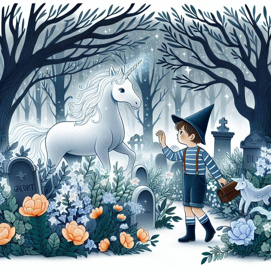 Une illustration destinée aux enfants représentant un petit garçon perdu dans une forêt enchantée, accompagné d'une mystérieuse licorne, explorant un cimetière rempli de fleurs lumineuses et d'arbres aux feuilles argentées.