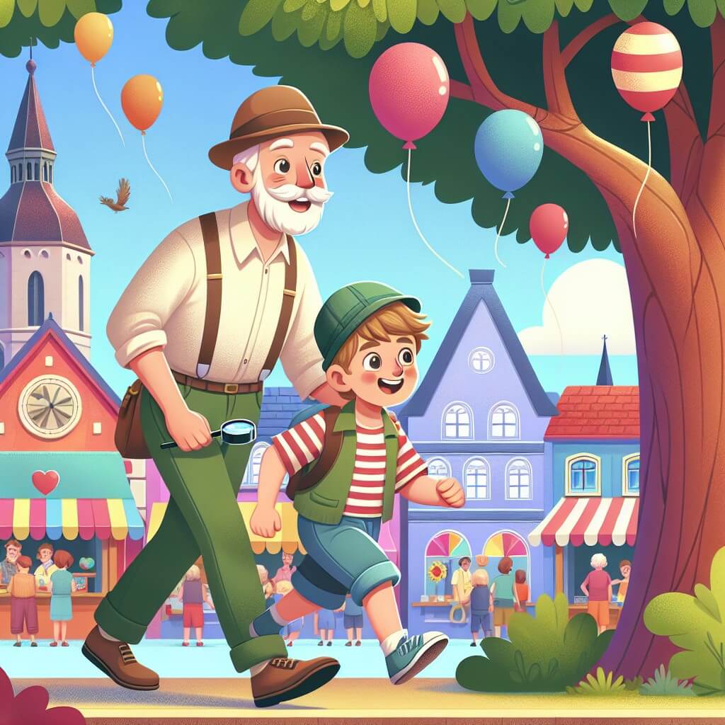 Une illustration destinée aux enfants représentant un petit garçon curieux et plein d'enthousiasme, accompagné de son papa, à la recherche d'un trésor caché lors d'un festival coloré de la fête des pères, situé au cœur d'une jolie petite ville avec des ballons colorés, des stands animés et un majestueux arbre.