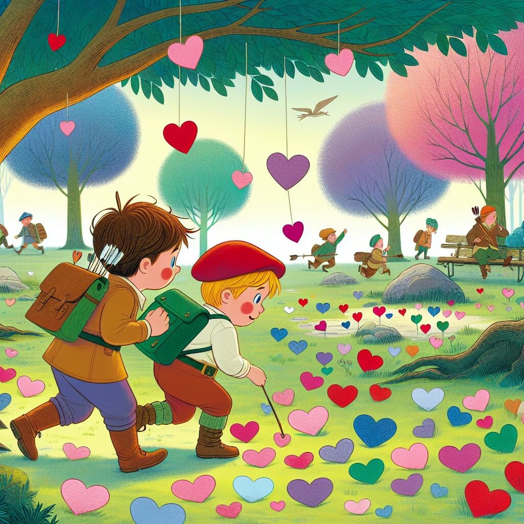 Une illustration destinée aux enfants représentant un petit garçon curieux et aventureux, accompagné d'un ami, explorant un parc rempli de cœurs colorés, dans lequel ils découvrent un trésor caché à l'occasion de la Saint-Valentin.