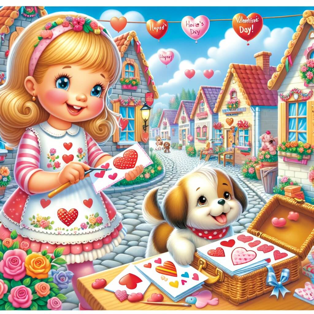 Une illustration destinée aux enfants représentant une petite fille rayonnante, préparant des cartes de Saint-Valentin pour ses amis, accompagnée d'un adorable chien, dans une petite ville ensoleillée remplie de décorations colorées et de ballons en forme de cœur.