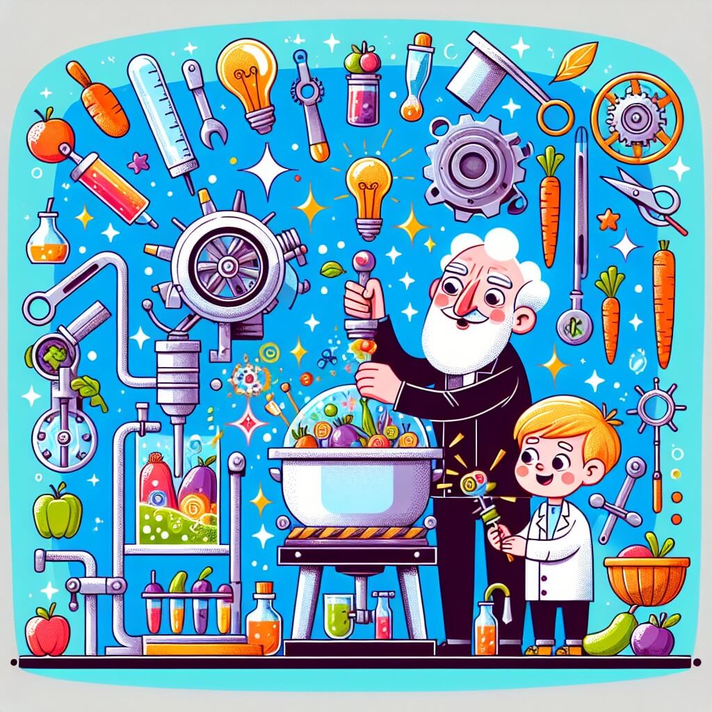 Une illustration destinée aux enfants représentant un homme inventif, entouré d'un enfant curieux, dans un atelier rempli d'outils étincelants et de machines colorées, où ils créent une machine magique transformant des légumes en glaces délicieuses, pour rendre l'alimentation saine amusante.